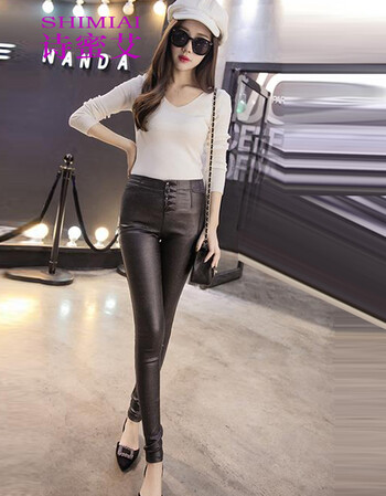 诗蜜艾2015烫金瘦腿涂层皮质多钮扣打底裤女潮 黑色 L