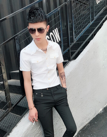 夏天发型师空少制服男模衬衫ktv酒吧工作服男士修身夜店短袖衬衣 白色