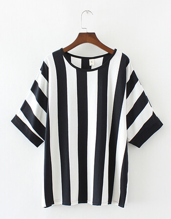 古莱登夏季中老年条纹t恤女横竖宽条纹高弹力白搭短袖t恤妈妈装上衣大