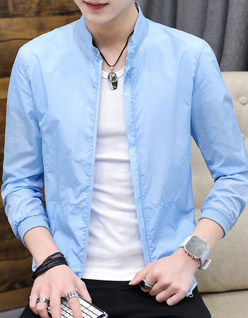 now防晒衣男夏季款立领韩版修身纯色薄款皮肤衣服外套 天蓝色 2xl