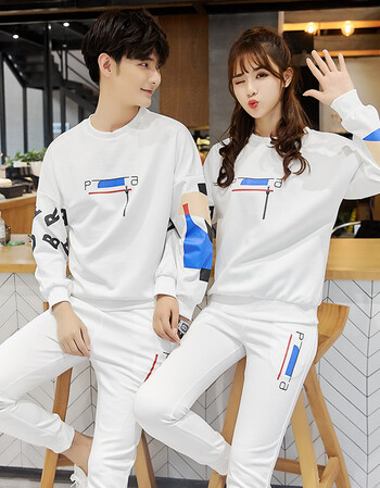 2018春秋季新款情侣装男女圆领卫衣休闲运动两件套装潮 白色 m