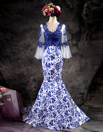 鱼尾晚礼服宴会年会主持模特走秀拖尾演出服中式青花瓷修身显瘦夏