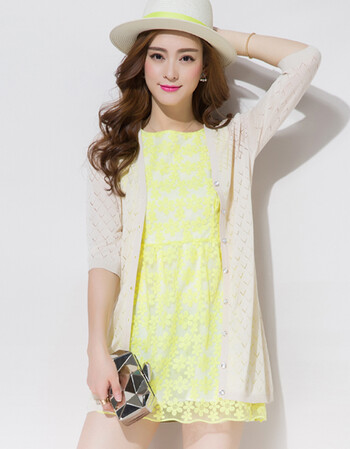 雪夕2016夏纯色镂空针织开衫 韩版女装薄防晒衫中长款空调衫 米色 m