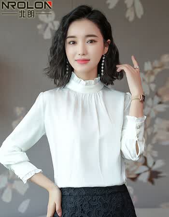 北朗真丝衬衫女2018秋季新款木耳领套头长女士长袖桑蚕丝衬衫 白色 xl