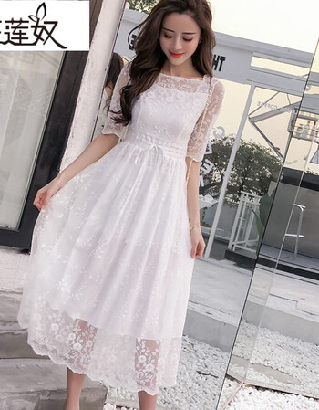 班莲奴/裙子女夏网纱五分袖蕾丝连衣裙超仙长款一字
