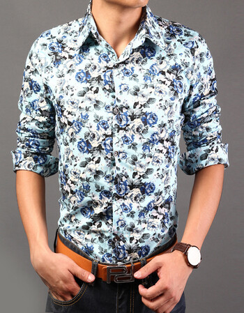 春季男士长袖花色衬衫青年男装休闲修身大码碎花衬衣潮 9号花 xxl