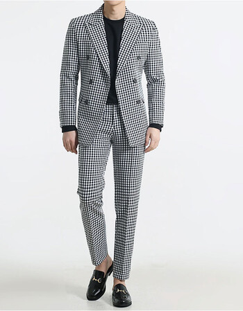 千鸟格双排扣西服套装男主持人服装司仪礼服商务休闲英伦 黑色 50(l)