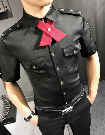 师酒店男长短袖西服衬衫外套西装衬衣职业装工作服潮5 黑衬衣红领带 s