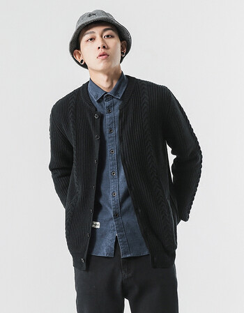 日系春秋自制麻花纹针织开衫毛衣男宽松毛衫外套黑色针织衫潮 黑色 m