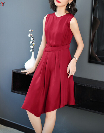 toncy重磅真丝无袖燕尾裙不规则铜氨丝连衣裙子 女夏连衣裙 酒红色 xl