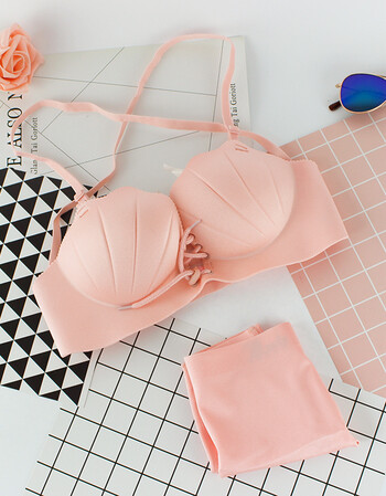 钢圈交叉美背文胸拉b聚拢贝壳小胸无肩带内衣套装性感学生 粉色(套装)