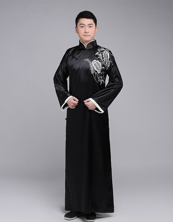 民国风相声长袍长衫大褂评书经典中国风中式马褂演出服男 黑色绣花 xl