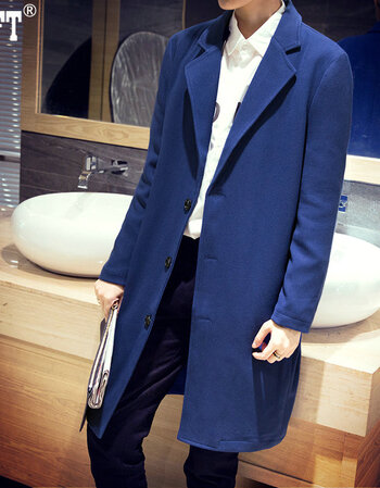 店主风潮男时尚中长款纯色风衣英伦休闲单排扣宽松风衣男大衣 蓝色 xl
