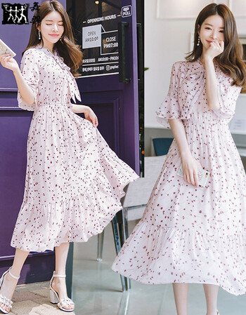 舞弈雪纺小碎花连衣裙女夏2018新款小清新甜美淑女中长款蝴蝶结飘飘裙