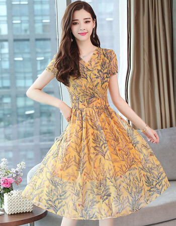 雅丽路2018夏装女装新款三十岁女人穿连衣裙夏天的衣服裙子夏款 黄色