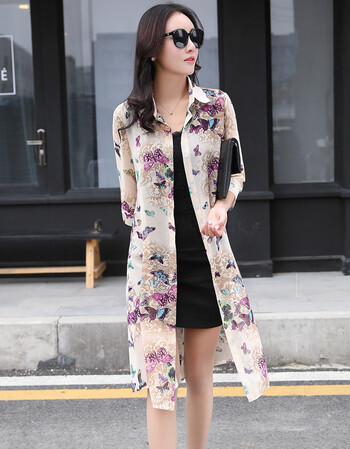 百搭雪纺风衣夏女中长款印花飘逸披风外套夏天 七分袖翻领-紫色蝴蝶