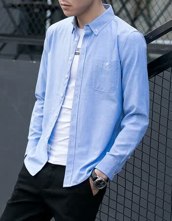 名夫2018春季新款日系原创纯色长袖衬衫男蓝色 浅蓝色 l
