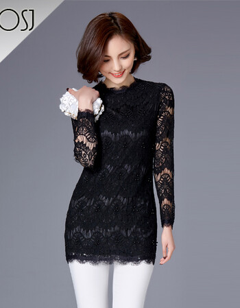 丹尼诗(ojosj)新款女装蕾丝打底衫上衣中长款长袖女士镂空网纱中年女