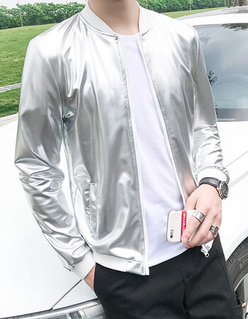 亮面银色网红精神小伙青年薄款夹克男士外套防晒衣服 01款银色长袖