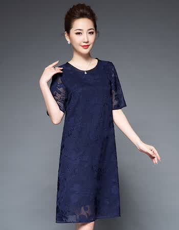 cxz妈妈装雪纺连衣裙夏装短袖中老年人女装大码宽松中长款绣花直筒裙