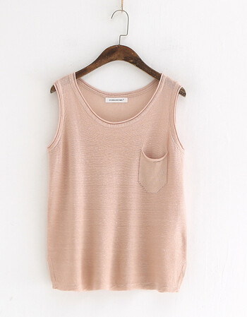 简约风多色针织苎麻小背心夏新品女圆领单口袋马甲上衣 浅粉 均码