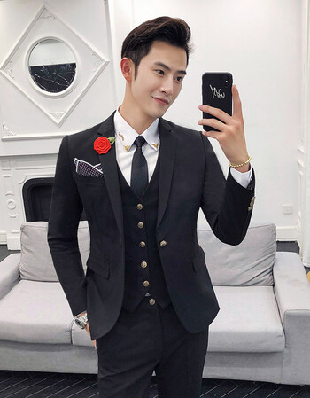 西服套装男 修身青年帅气正装商务男士小西装 结婚新郎礼服三件套