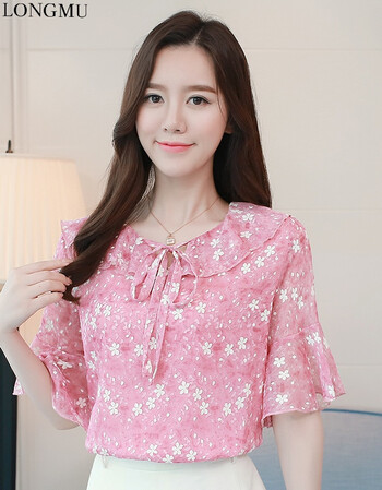longmu雪纺衫短袖女夏季新款女装潮韩版时尚百搭甜美气质荷叶边雪纺