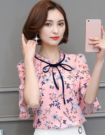 碎花雪纺衫女短袖2018夏装新款宽松喇叭袖t恤女半袖上衣百搭小衫 粉色