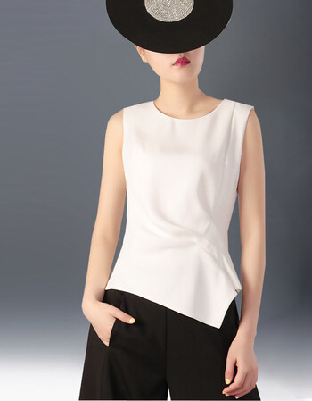 无袖上衣女2018夏季新款韩版时尚收腰不规则白色小衫遮肚子雪纺衫