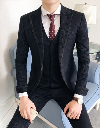 套装男士修身三件套腰花印花新郎结婚礼服伴郎西装男职业正装 黑色