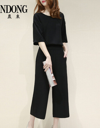 ND 2016春夏装新款女装两件套韩版七分袖阔腿裤宽松粉色休闲时尚套装女潮 黑色两件套 S