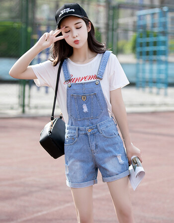 两穿可拆卸牛仔背带短裤女夏高腰系带吊带裤中学生少女yy 浅蓝色 s