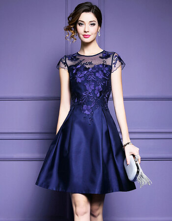 淑女气质网纱刺绣a字裙高腰显瘦连衣裙2018夏新款礼服 蓝紫色 s