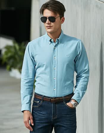 古莱登纯棉衬衫男 夏季薄款商务衬衫长袖 上班男士衬衣纯色免烫立领