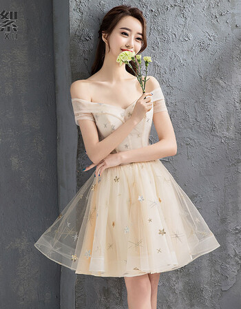 短款伴娘服连衣裙一字肩香槟色2018新款韩版宴会小礼服毕业晚礼服 c款