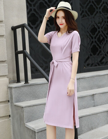 开叉一步裙 包臀 中长款 侧开叉 2018夏季新款v领短袖女性连衣裙 淡粉