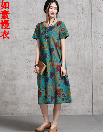 
                                        如素慢衣夏季连衣裙棉麻女装民族风中式花布文艺清新女装裙子3294 绿色55 均码                