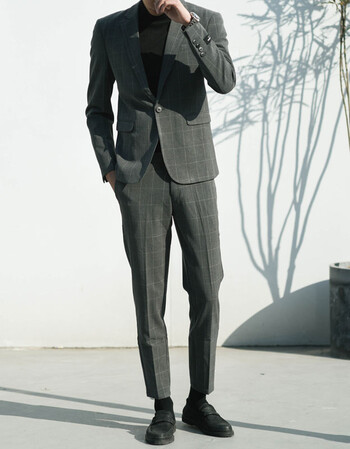 格子西装外套男修身韩版帅气小西服套装潮流英伦风时尚休闲 浅灰色 m