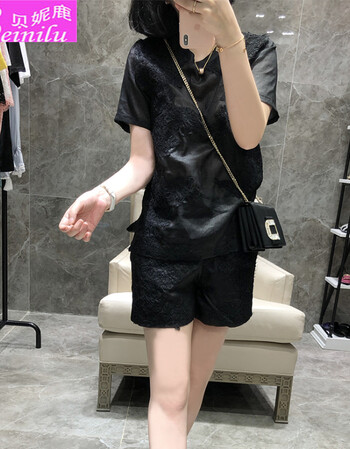 贝妮鹿白色短袖刺绣短裤俏皮套装女两件套夏2018新款气质简约 经典黑