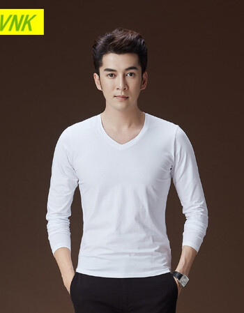 lvnk品牌潮牌长袖男士t恤纯色v领修身打底衫上衣服潮男装体恤棉夏季