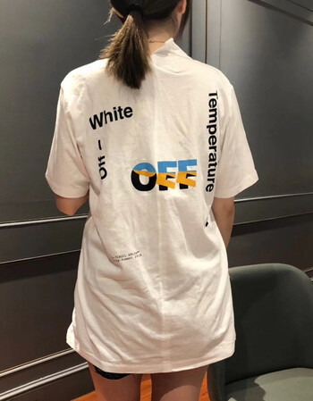 ow短袖美国潮牌短袖印花宽松樱花粉男女情侣t恤 米白色 xs