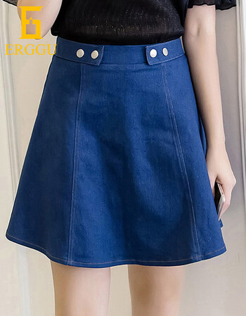 gu高档大码女装短裙2018夏季新款胖mm休闲百搭半松紧腰牛仔裙女 蓝色