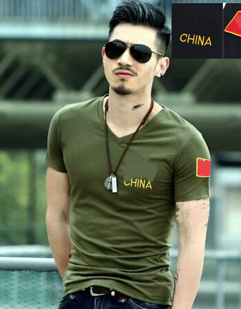 刺绣种兵t恤中国短袖男军装紧身军迷服部队军装t恤 中国字款v领军绿色