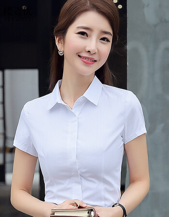 樱姿优夏季女短袖衬衫白色条纹棉质暗扣修身工装职业面试装白衬衣工作