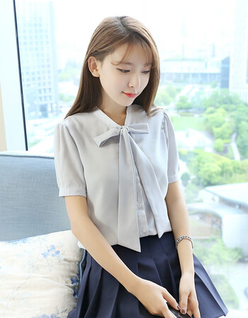 韩范v领蝴蝶结飘带学生职业ol气质雪纺长袖白衬衫女宽松显瘦 灰色短袖