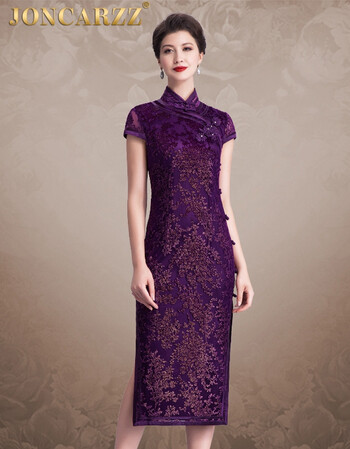 简卡姿时尚宴会妈妈装中式红色丝绒礼服夏季中