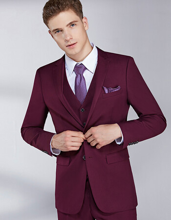 礼服男士西装套装青年韩版修身 紫红色双扣三件套(上衣 马甲 裤子) 7