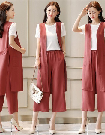 三件套装潮2018新款时尚中年女30阔腿裤40岁春夏款50 红色配白色t恤