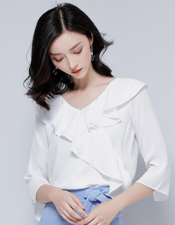 维纳夏季雪纺衫中袖女2018新款韩版宽松荷叶边七分袖显瘦白色甜美上衣