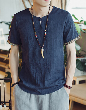 乔治宝威尼 2018春夏季新款唐装男中国风汉服男装亚麻刺绣五分袖古装